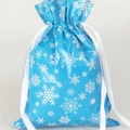 Blue Christmas drawstring gift bag with white snowflakes and satin ribbon ties - 24*32 Snowflake Blue