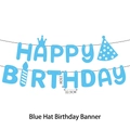 Striscione blu Happy Birthday con icone di cappello e corona in lettere da 15cm - Stile Cappello di Compleanno / Blu