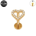 Golden heart-shaped G23 titanium ear and lip stud with zircon stone inlay and screw thread - Heart Zirconia / Internal Threaded / Gold