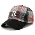 Plaid baseball cap in red and black check with white 3D embroidered letter R detail - Adjustable / Grey and Red