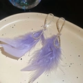 Macro shot of gold teardrop earrings with crystals and purple feather details - 32# Silver Pin Gold Teardrop Frame Light Purple Feather Dangles