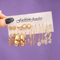 5-pair gold earring set with pearls, hearts, and acrylic details on display card - Gold 6-Pair Set - Butterfly Chain Pearl