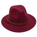 Detail of burgundy fedora hat with brown leather band and metal buckle accessory - M (56-58cm) / Wine Red (Yellow Rope)