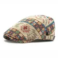 Ethnic jacquard flat cap with colorful geometric star patterns and metal buckle - Khaki