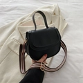 Black PU leather saddle bag with red and green striped fabric wide shoulder strap - Black