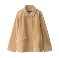 Detail of warm khaki faux suede jacket with spread collar and large utility chest pockets - XS / Earthy Yellow