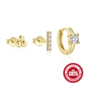 S925 sterling silver gold plated 3-piece earring set with sparkling zircon stones - Gem Bar Stud & Large Gem Hoop Set / Gold