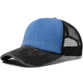 Blue denim trucker hat with black breathable mesh back and washed vintage finish - Adjustable / Sapphire Blue