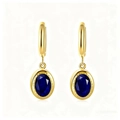 Detailed view of oval dark blue gemstone earrings with wavy gold metal frames - Dark Blue