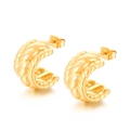 Golden C-shaped stainless steel earrings with intricate woven texture finish - Style A Woven Texture C-Shape (KE109223-MI)