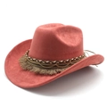 Detail of western fedora hat with woven cord, gold chain and stylish fringe trim - M (56-59cm) / Brick Red