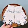 Pink plush knitted gloves with panda design and touch screen tips for cold winter - Panda / Beige