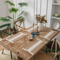 Handwoven rectangular jute placemats with white stripes and fringe on a wooden table - Middle Cotton Thread 30*50