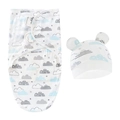 Newborn swaddle wrap and hat set with blue cloud and star patterns on white cotton - Colorful Cloud Swaddle + Hat Set