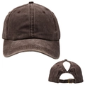 Macro shot of dark brown washed cotton baseball cap with ponytail hole and metal buckle - One Size / Coffee