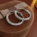 Detail view of silver round earrings with multiple rows of micro-pave zircons - Silver Double-Row Pave Rhinestone Hoop Earrings