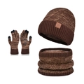 Winter knit hat scarf and touchscreen gloves set in vintage dark brown fleece lining - 3-Piece Set - Coffee
