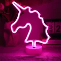 Pink unicorn LED neon lamp with white round base, battery or USB powered, 32x23cm - Big Unicorn Pink Light