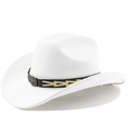 Close-up of a white suede cowboy hat featuring a vintage metal bull head buckle and belt - M (56-58cm) / Pure White