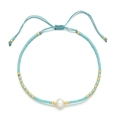 Close-up of bohemian beaded bracelet with freshwater pearl and adjustable sliding knot - Turquoise (Sl100-2)