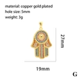 Copper 18K gold plated Hamsa Hand pendant with zircon stones and 27x19mm dimensions - Hamsa Hand (P03201-G)