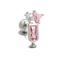 Silver screw-back ear stud with pink heart gemstone and flower cluster accent - Flower Drink Cup / Silver