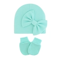 Mint green newborn baby beanie hat and anti-scratch mittens set with a large bow - Light Lake Blue