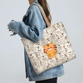 Large off-white canvas tote bag with cartoon tiger print and brown shoulder straps - Lucky Tiger - Beige