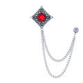 Vintage silver square brooch with red gemstone, hollow patterns and chain tassel - Red Gem (Antique Silver Base)
