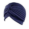 Dunkelblaue Plissee-Turbanmütze für Damen mit einem eleganten Knotendesign oben - Einheitsgröße / Marineblau