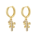 Detail of gold-colored candy cane earrings with sparkling zircons and bow accents - Gold White Zircon Candy Cane