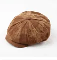 Top view of brown plaid corduroy newsboy cap showing texture and button detail - M (56-58cm) / Caramel Yellow