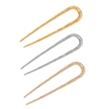 Detailed view of U-shaped metal hairpins with wave texture in gold, silver, and rose gold - Patterned/3 Pieces / Gold + Silver + Rose Gold