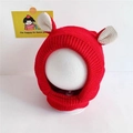 Detail of red knit baby winter hat with white ears and ribbed facial opening coverage - Infant and Toddler Universal Size / Embroidered Dog Earflap Hat / Red