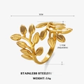 Adjustable 18K gold plated stainless steel ring featuring a unique twin leaf branch design - Gold