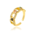 Detailed macro view of 18K gold plated ring with colorful zircon stones and open band - Rainbow Multicolored Rectangular Zircon Style (J927)