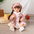 55cm reborn baby doll with long brown hair in pink knit cardigan and lace dress - Pink Beret Set Brown Hair / Doll Clothes (Outfit Only)