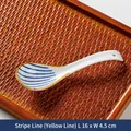 Japanese ceramic soup spoon with blue stripes and yellow trim, 16cm x 4.5cm - Stripe-Yellow Line