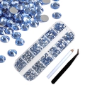 Detailed set of blue flatback nail art rhinestones with storage box, pen, and tweezers - Light Blue Set with Dotting Pen & Tweezers