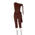 Brown two-piece set with one-shoulder long sleeve top and matching cropped leggings - Coffee