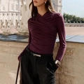 Elegant deep purple V-neck long sleeve top with ruching paired with black wide-leg trousers - S / Burgundy