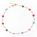 Colorful floral beaded necklace with gold chain and adjustable clasp on white background - Necklace / Multicolor Flower