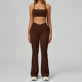 Ensemble de yoga marron foncé avec legging évasé taille en V et crop top sport - Café (Soutien-gorge + Pantalon Évasé)