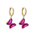 Detail of pink crystal butterfly charm earrings with gold cubic zirconia hoops - Rose Red
