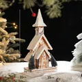 Luminous Christmas wooden church cabin with LED lights and miniature trees, 40.5cm tall - Pointed Roof Snow House Style A Battery Model