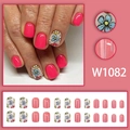 Rosa Blumen-Nagelset zum Aufkleben mit bunten Blütenmustern und 24 Hochglanz-Nagelspitzen - Korallenrosa Blumenstil (W1082 Klebertyp) / 24 Stück/Box