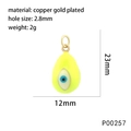Detailed view of yellow enamel evil eye pendant in copper gold plating with dimensions - Yellow/P00257