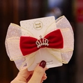 Red velvet bow hair clip with mesh ribbon and crown rhinestone on display card - Style 10: Double Layer Velvet Bow Clip