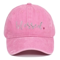 Detail of pink washed cotton baseball cap with silver blessed embroidery and vintage finish - Pink
