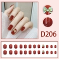 Red press-on nails D206 with gold 3D bows and sparkling glitter gradients, 24-piece set - True Red Gradient Gold Bow (D206)